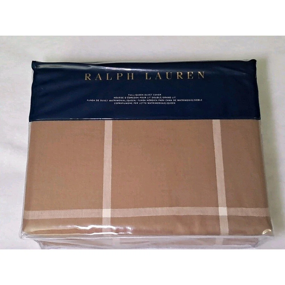 Ralph Lauren Full Queen Modern Equestrian Windowpane Duvet Cover Camel $500 NWT